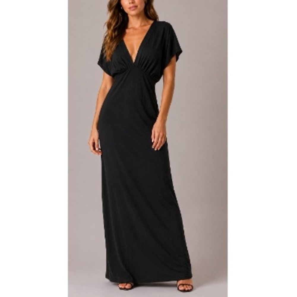 Love X Design Women's Black Empire Waist V Neck Short Sleeves Maxi Dress NWT M